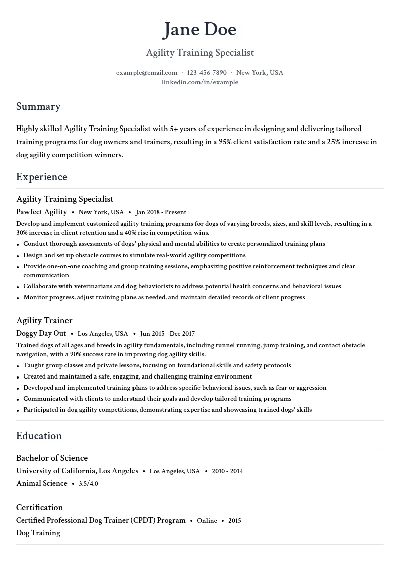 Agility Training Specialist resume example