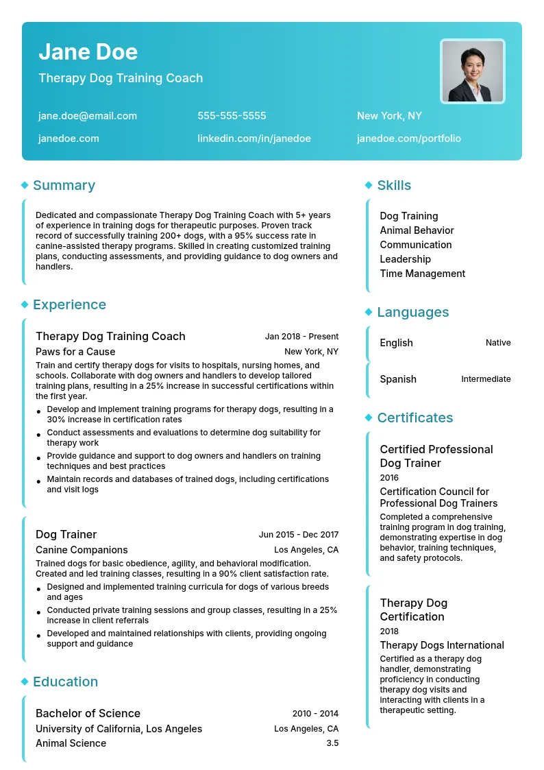 Therapy Dog Training Coach resume example