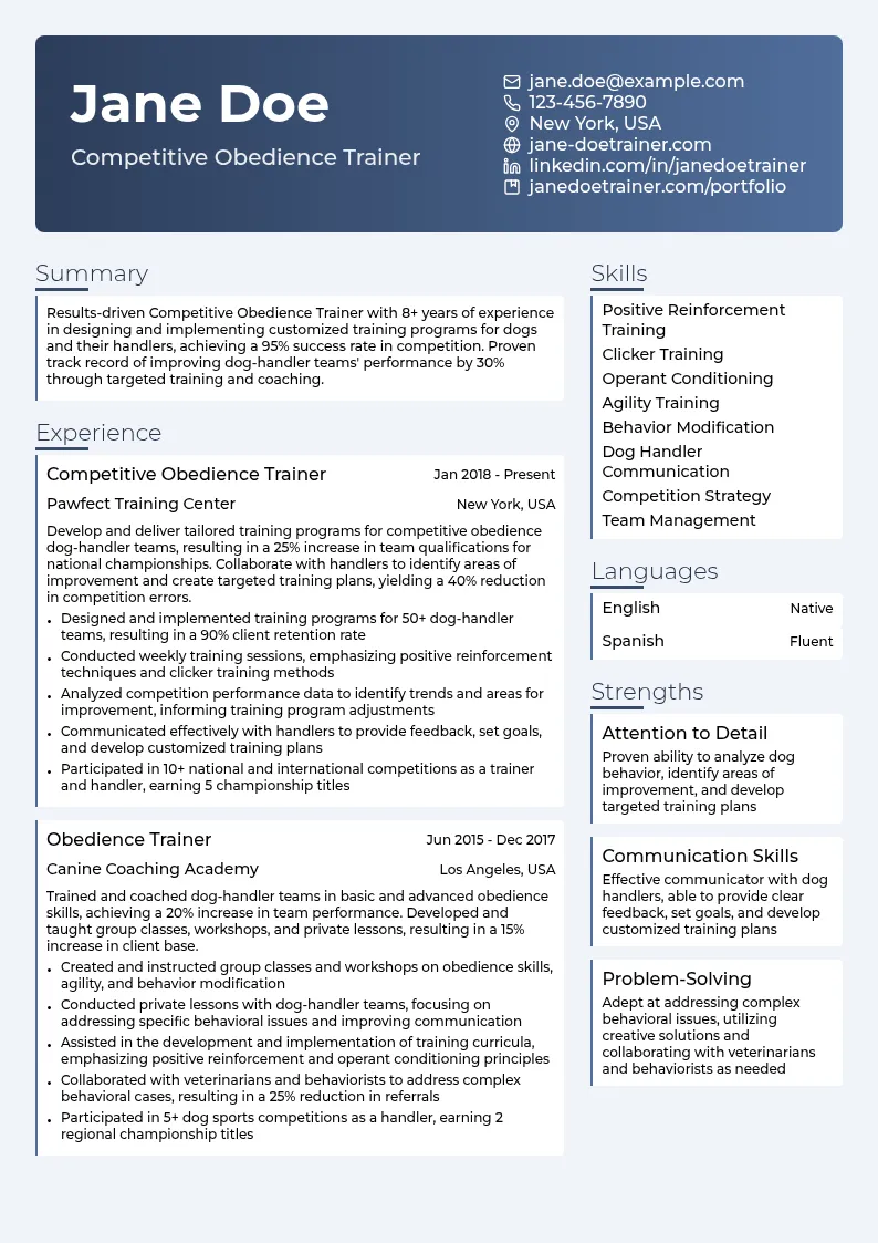 Competitive Obedience Trainer resume example