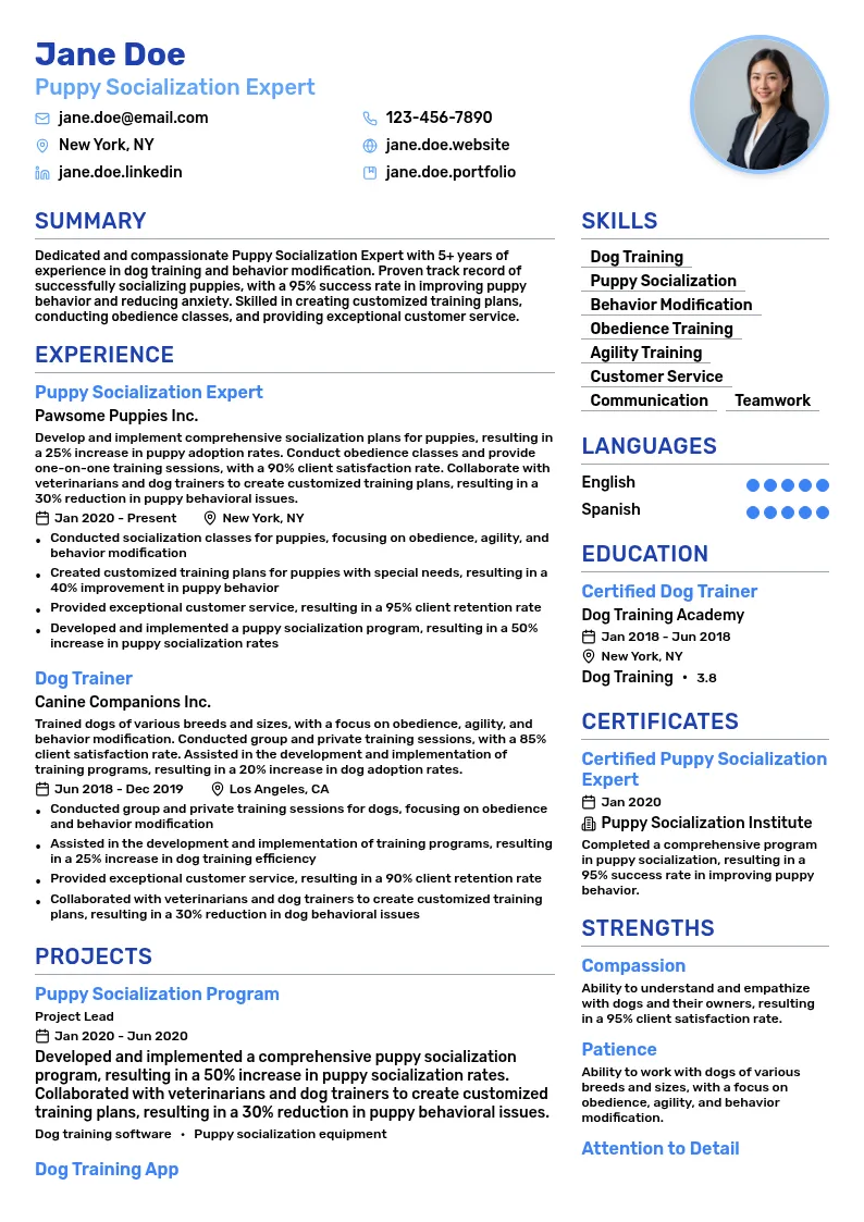Puppy Socialization Expert resume example