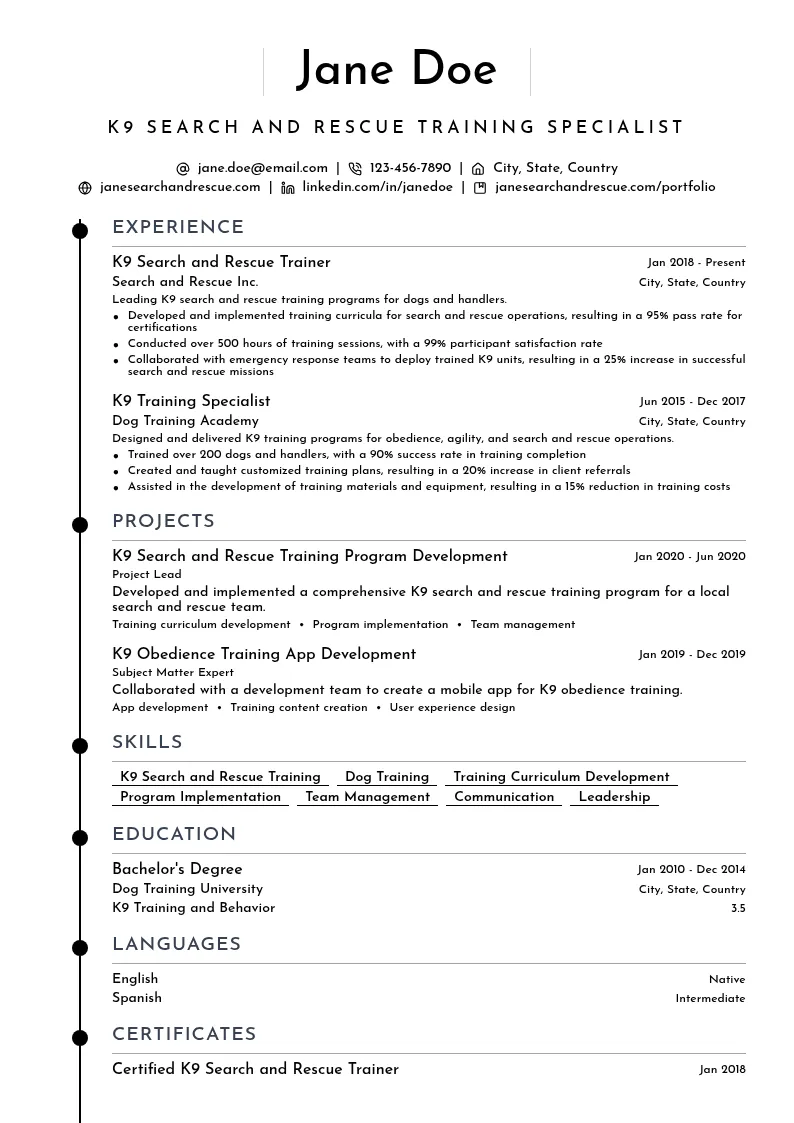 K9 Search and Rescue Training Specialist resume example