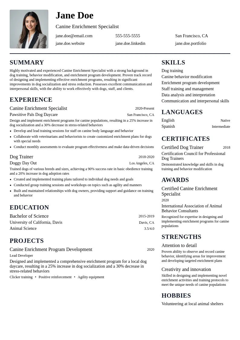 Canine Enrichment Specialist resume example