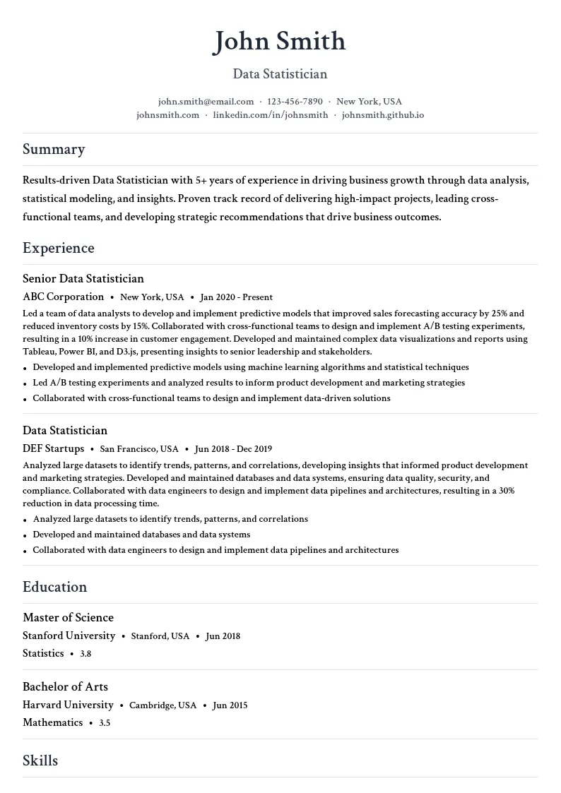 Data Statistician resume example