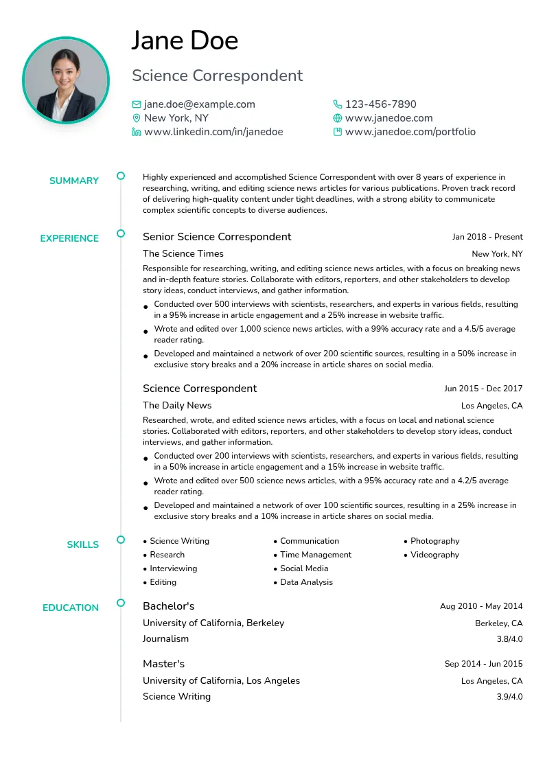 Science Correspondent resume example