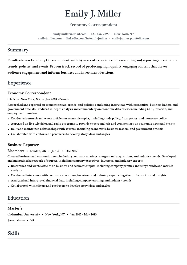Economy Correspondent resume example