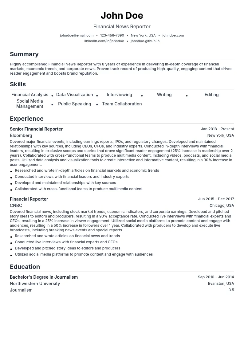 Financial News Reporter resume example