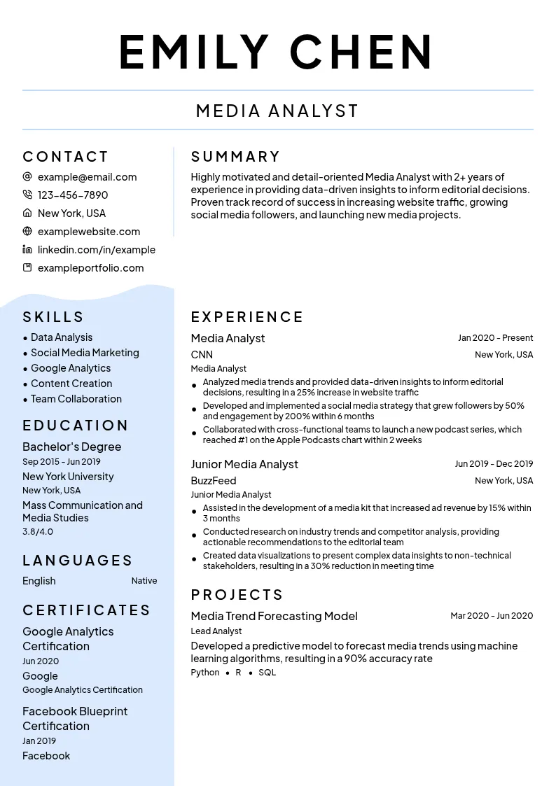 Media Analyst resume example