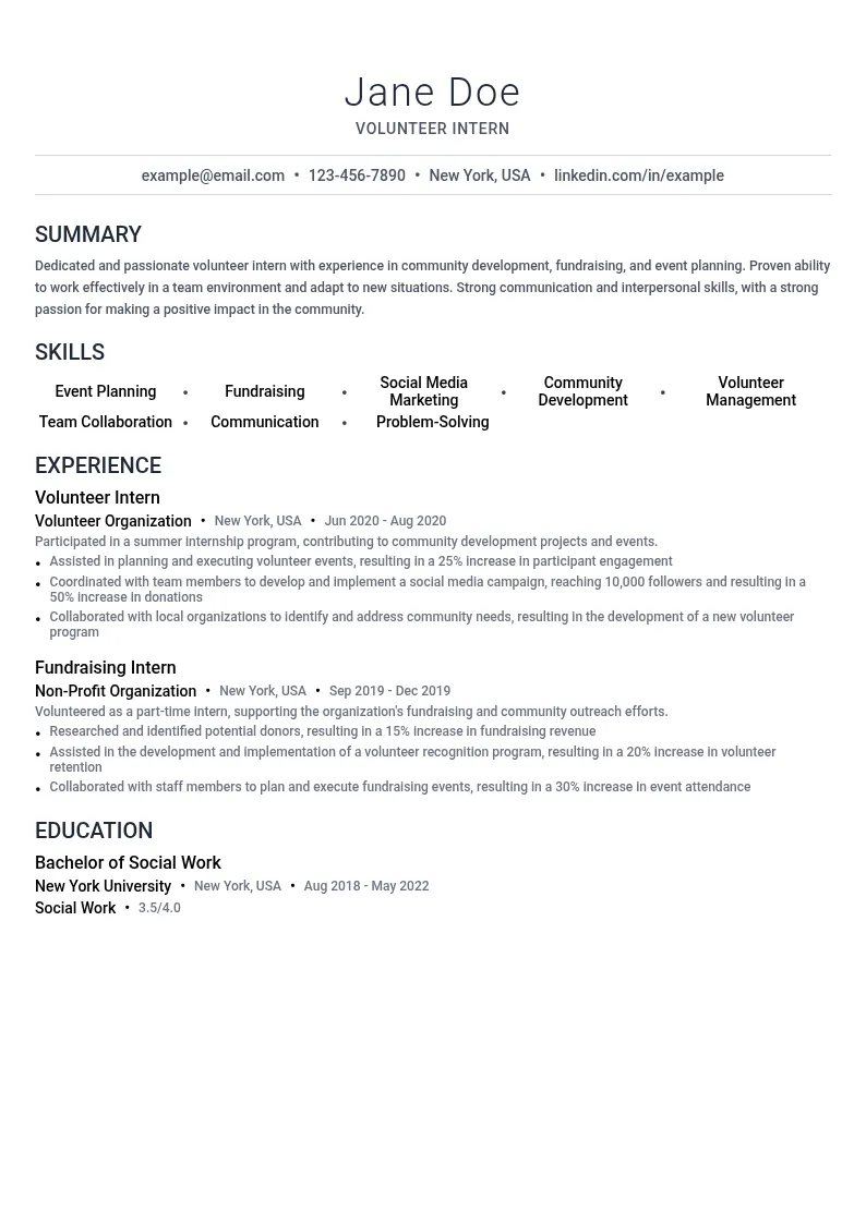 Volunteer Intern resume example