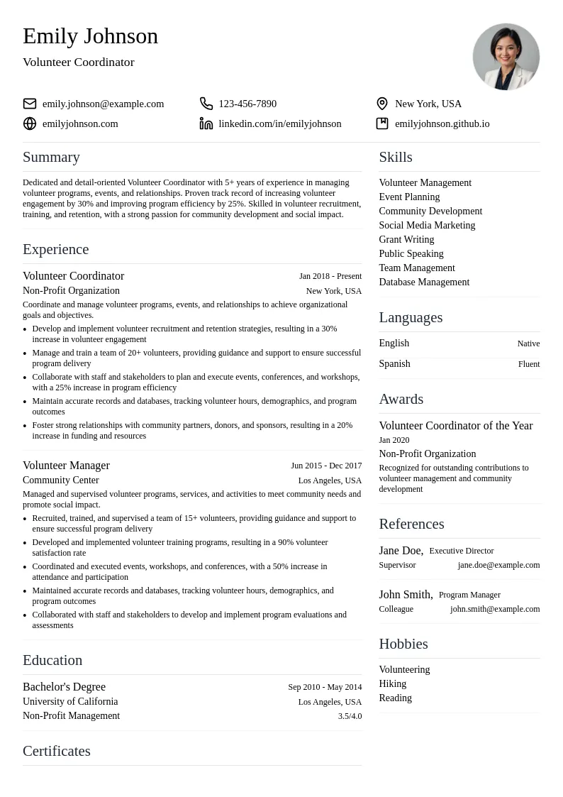 Volunteer Coordinator resume example
