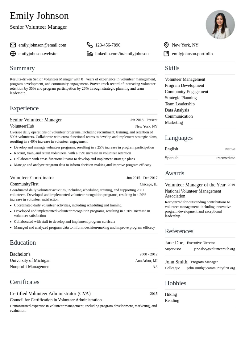 Senior Volunteer Manager resume example