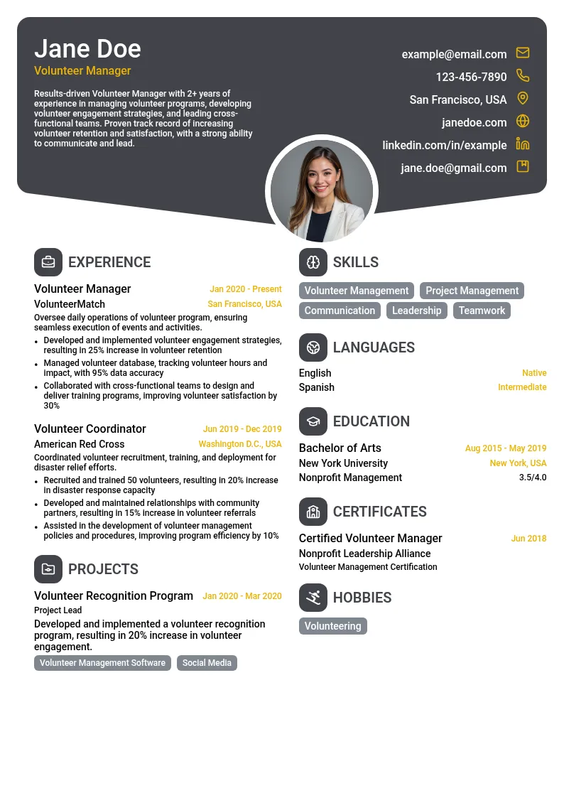 Volunteer Management resume example