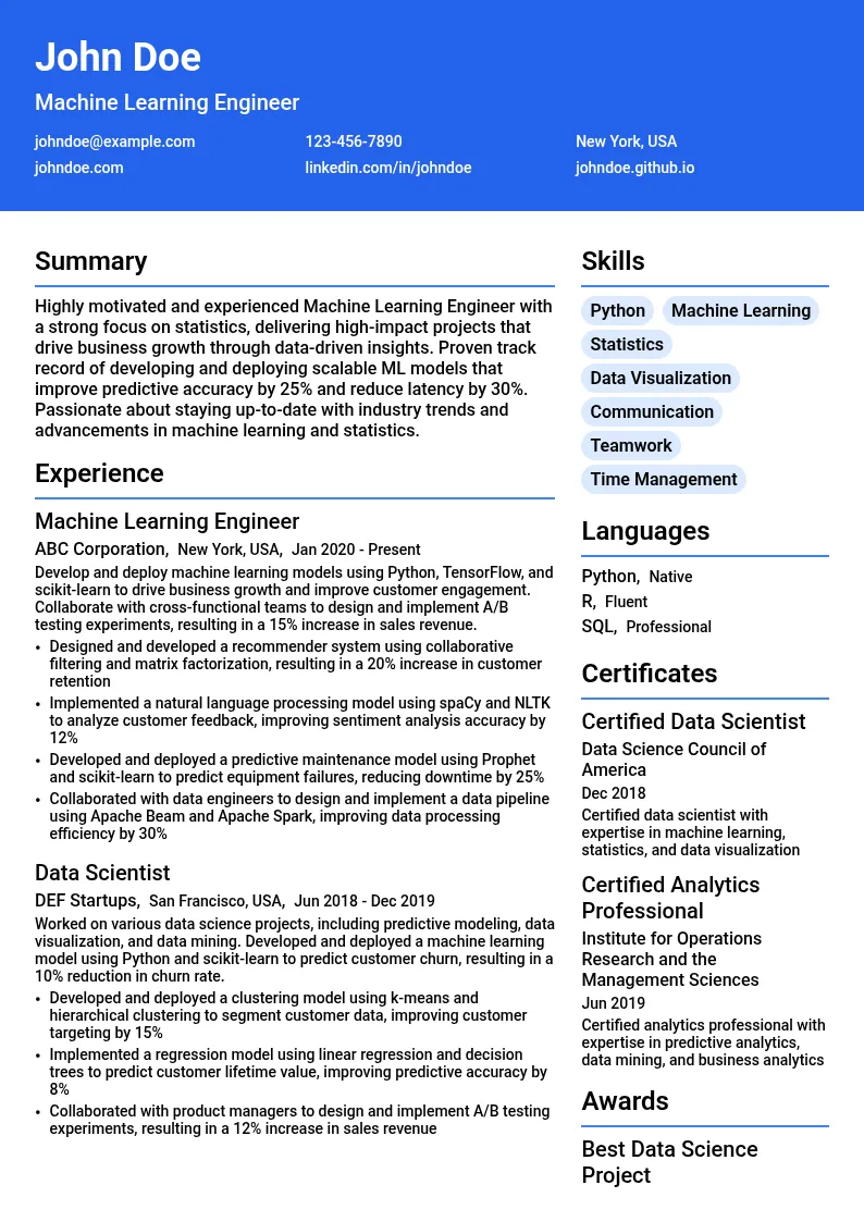 Machine Learning Engineer (Statistics Focus) resume example