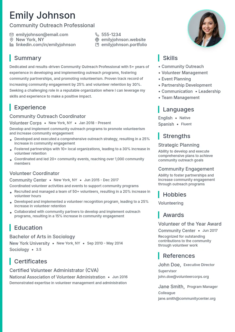 Community Outreach resume example