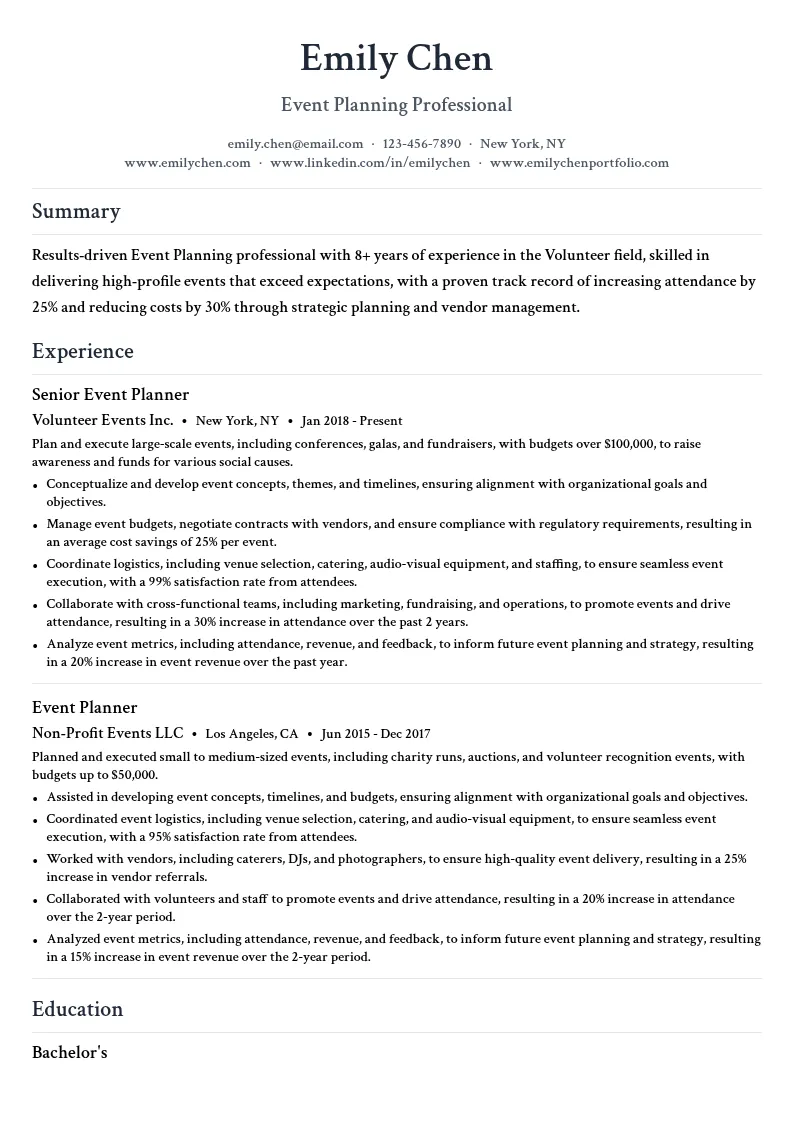 Event Planning resume example