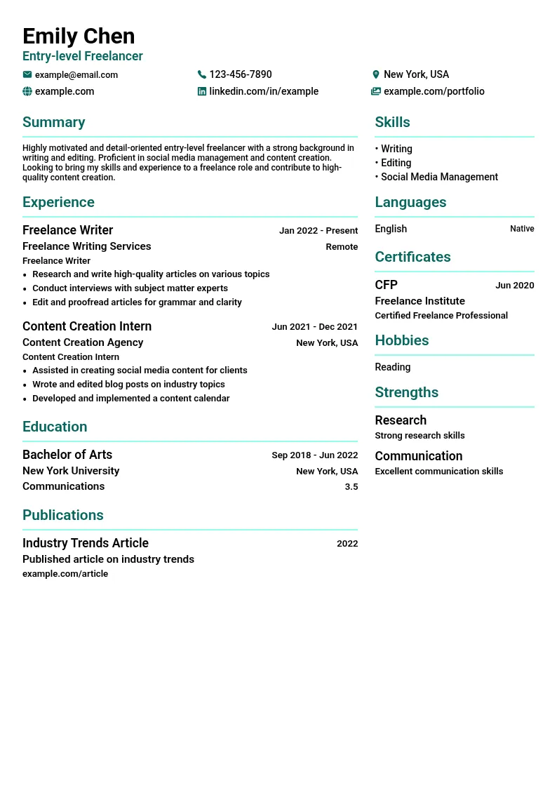 Entry-level Freelancer resume example