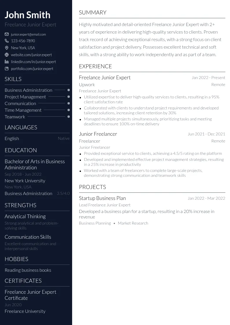 Freelance Junior Expert resume example