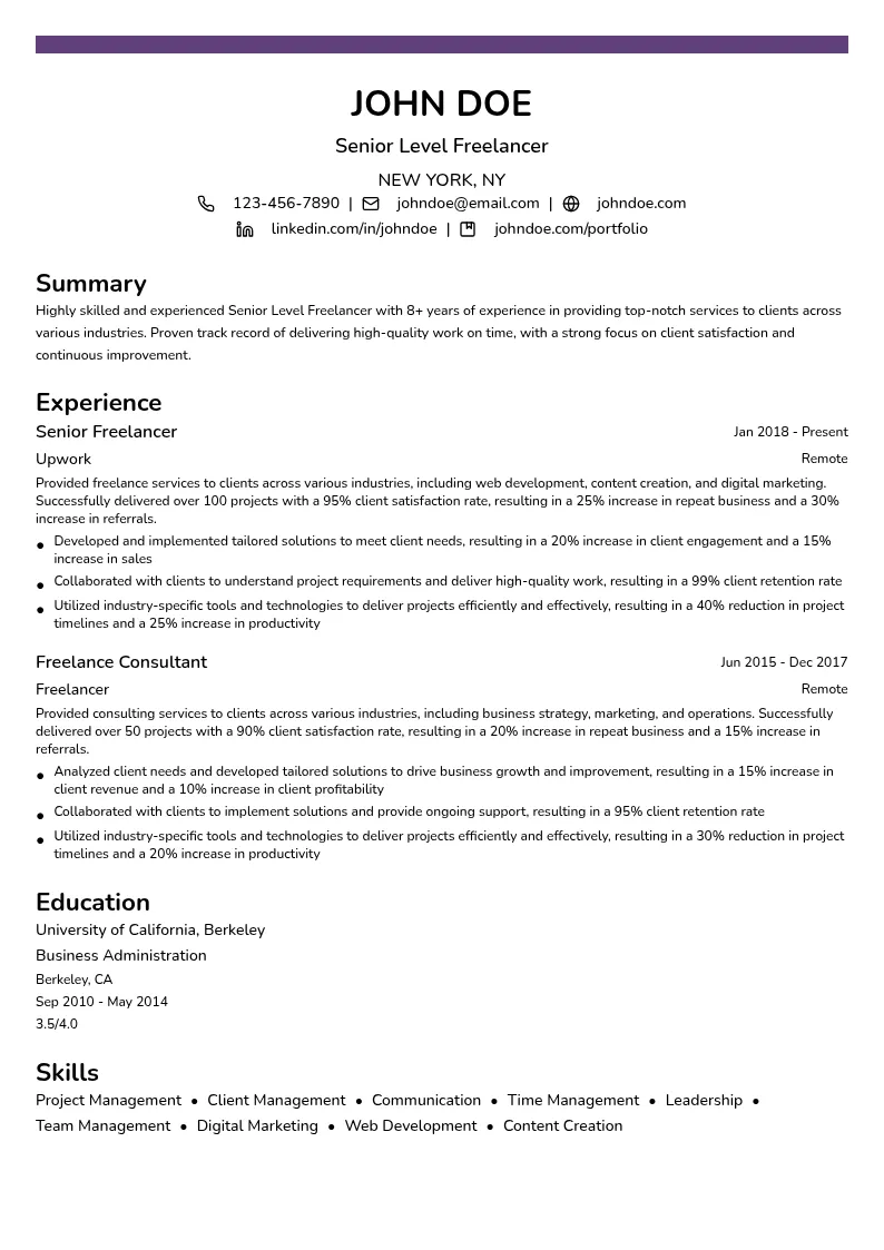 Senior Level Freelancer resume example