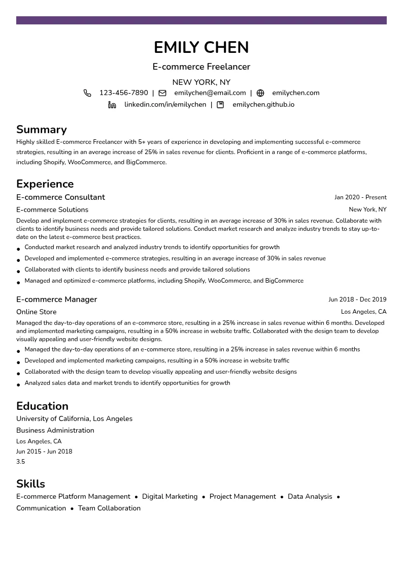 E-commerce Freelancer resume example