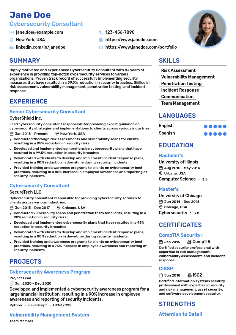 Cybersecurity Consultant resume example