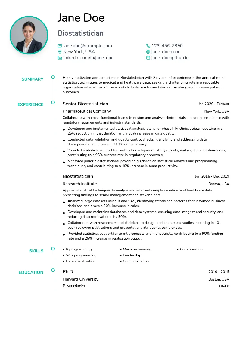 Biostatistician resume example