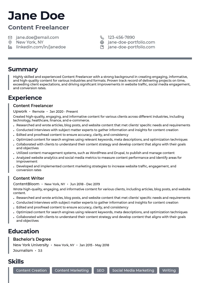 Content Freelancer resume example