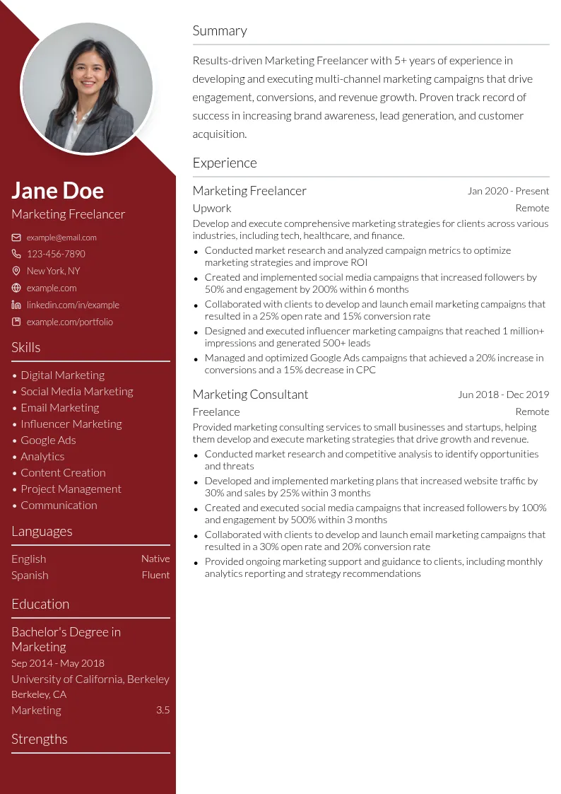 Marketing Freelancer resume example