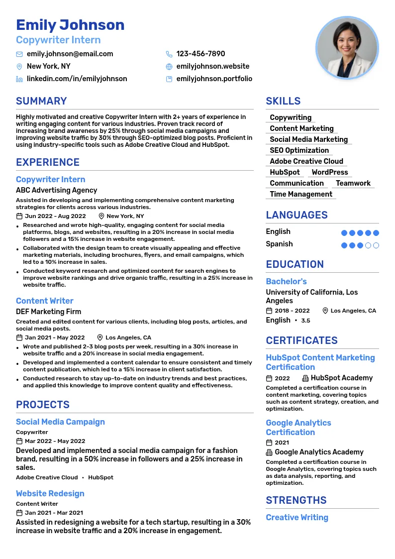 Copywriter Intern resume example