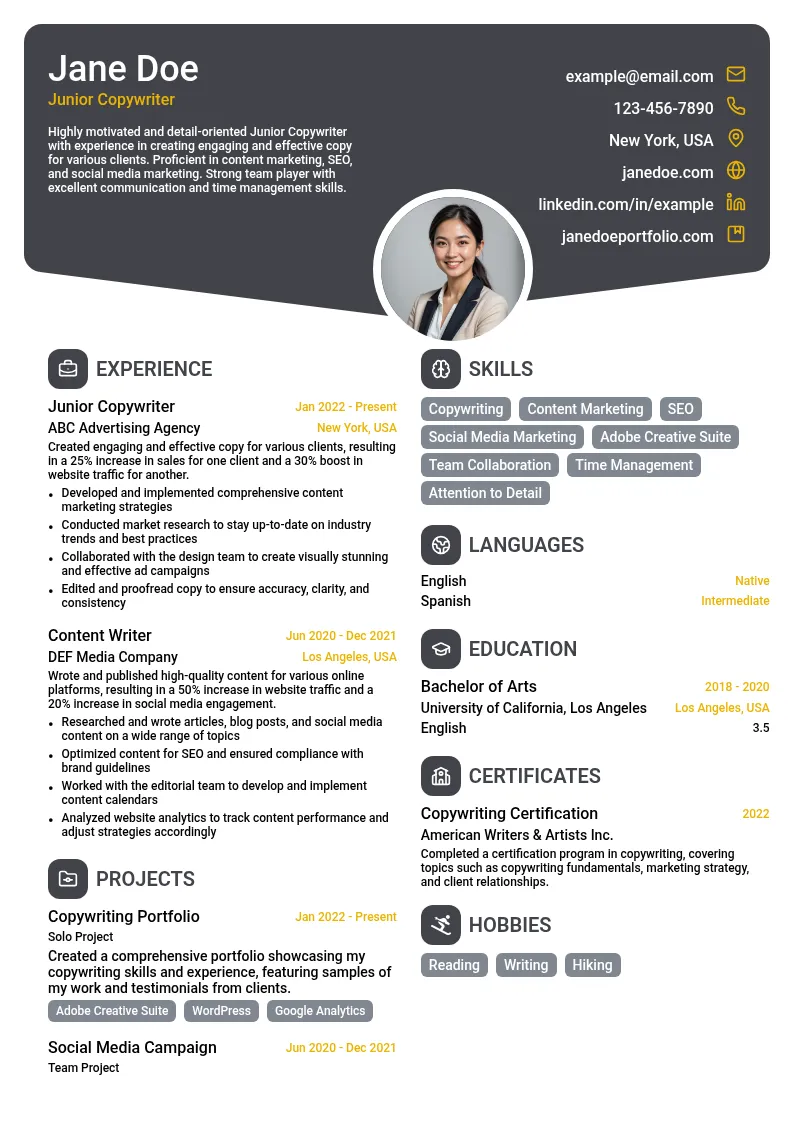 Junior Copywriter resume example