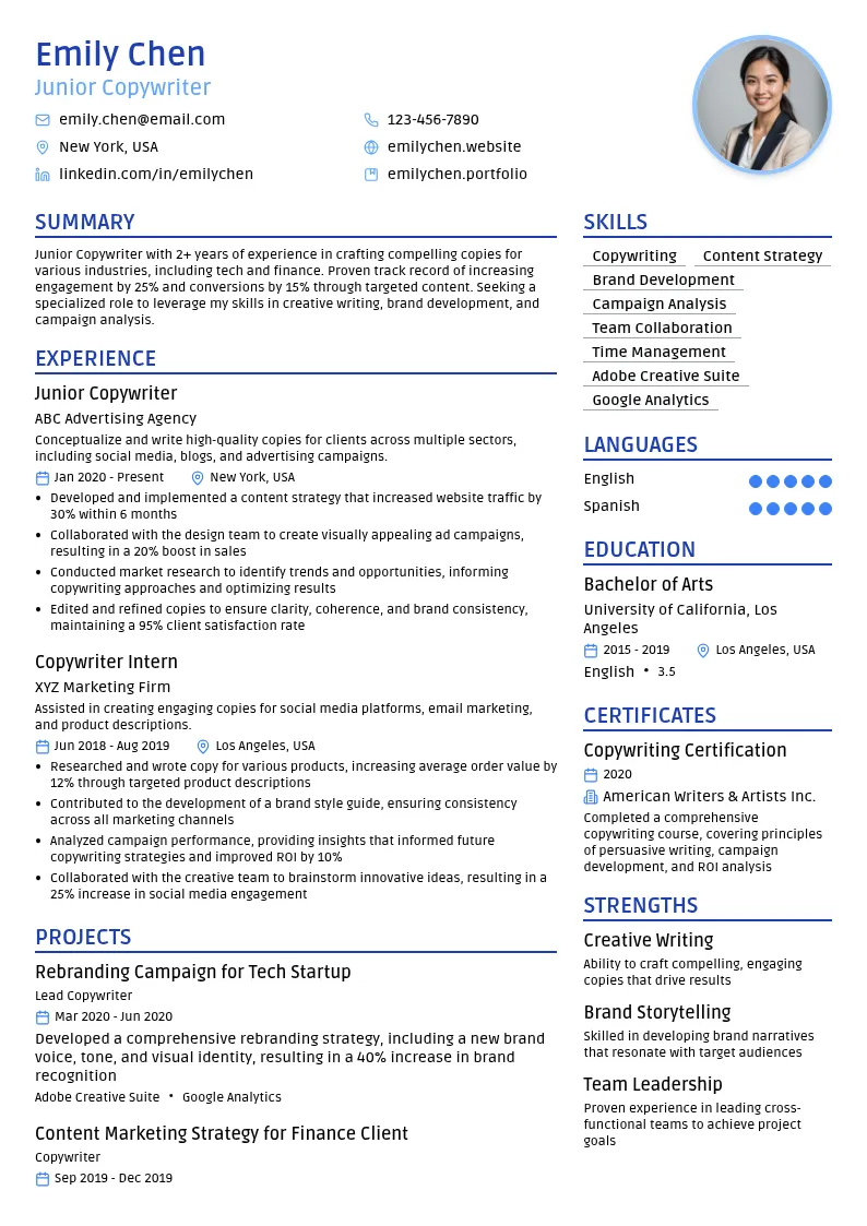 Junior Copywriter (Specialized) resume example