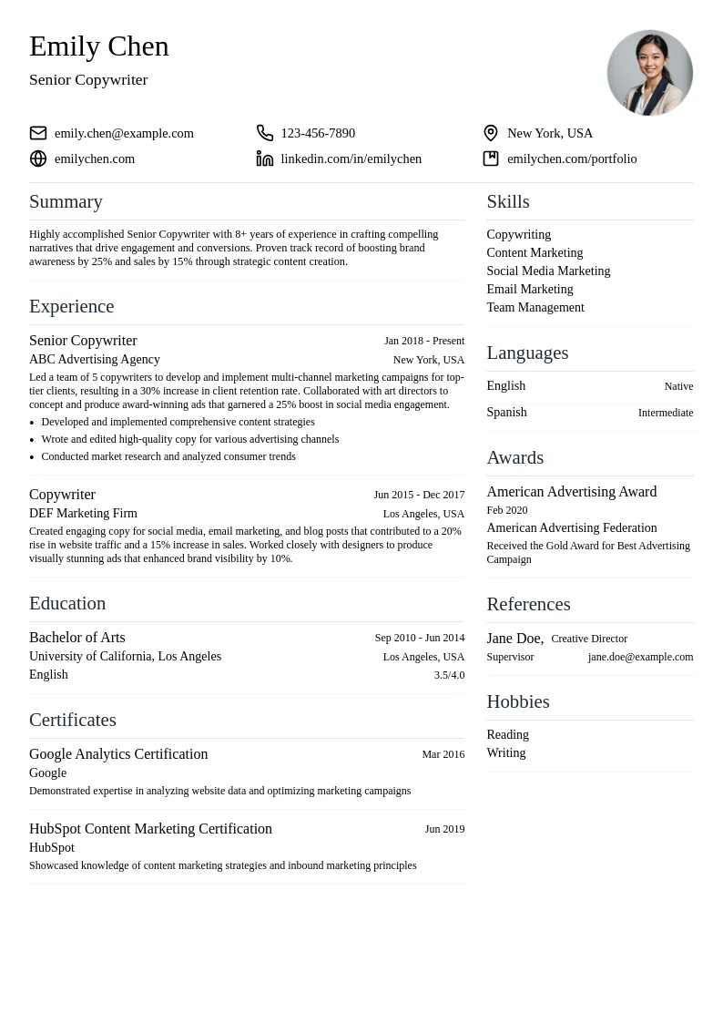 Senior Copywriter resume example