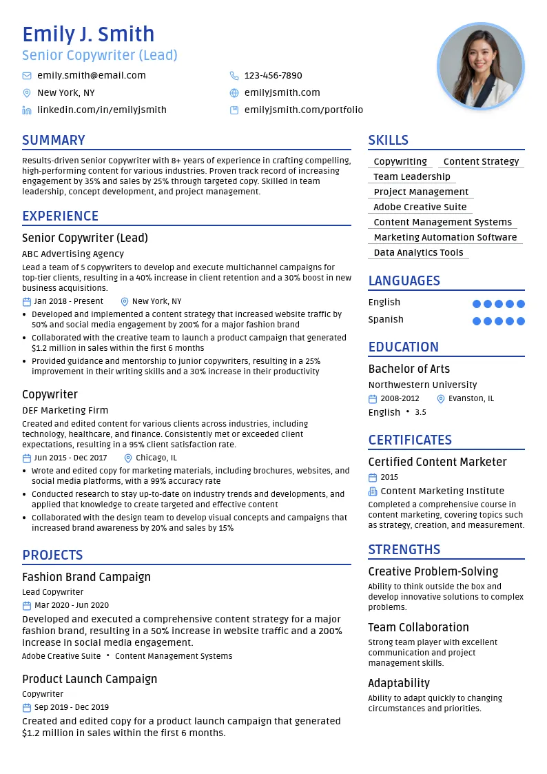 Senior Copywriter (Lead) resume example