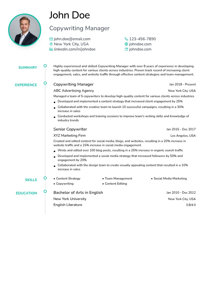 Copywriting Manager resume example