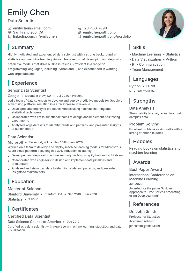 Data Scientist (with Statistics Specialization) resume example