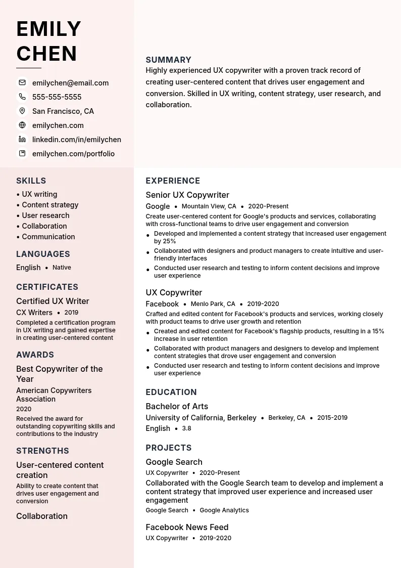 UX Copywriter resume example