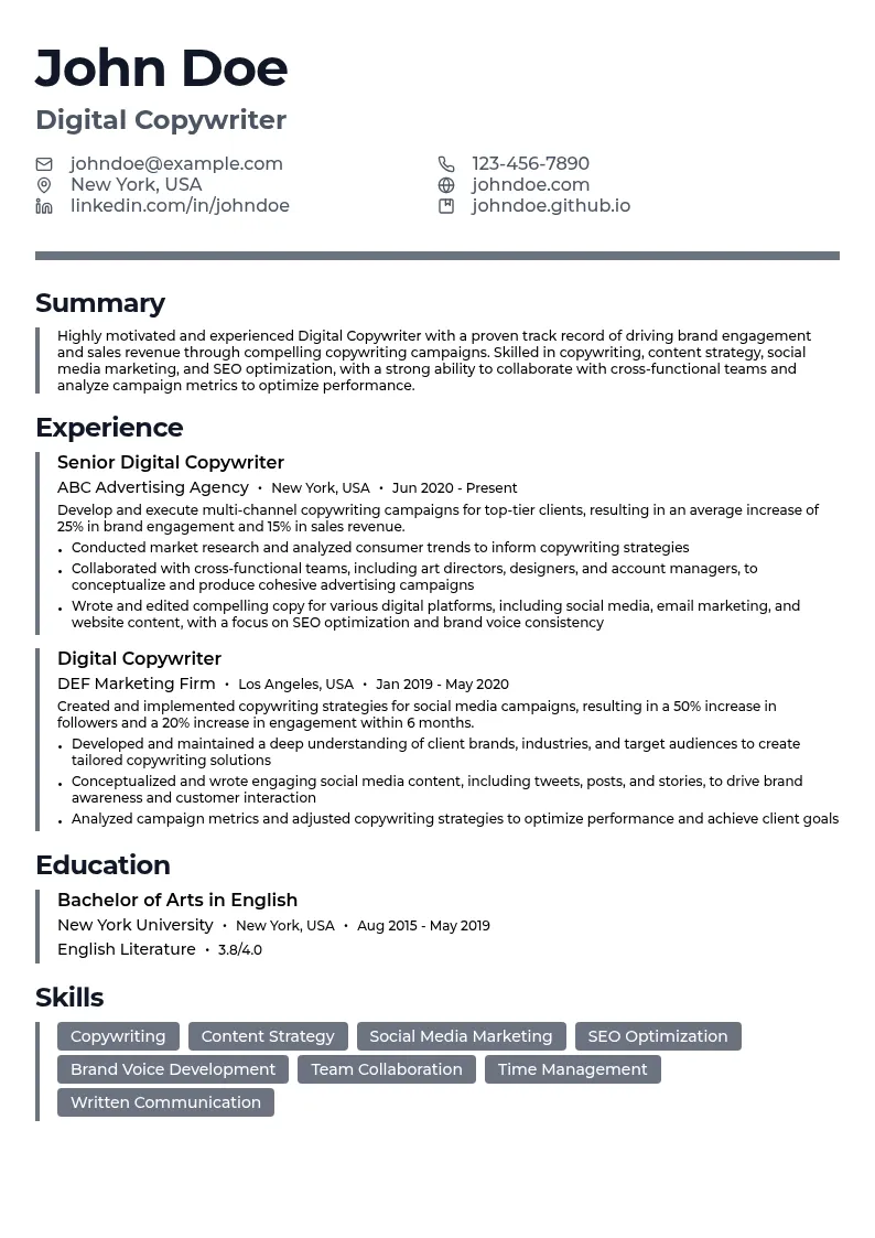 Digital Copywriter resume example