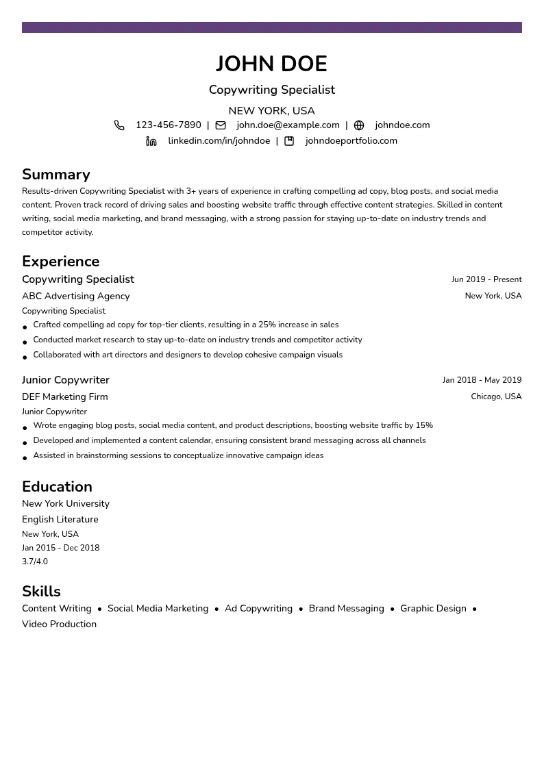 Copywriting Specialist resume example