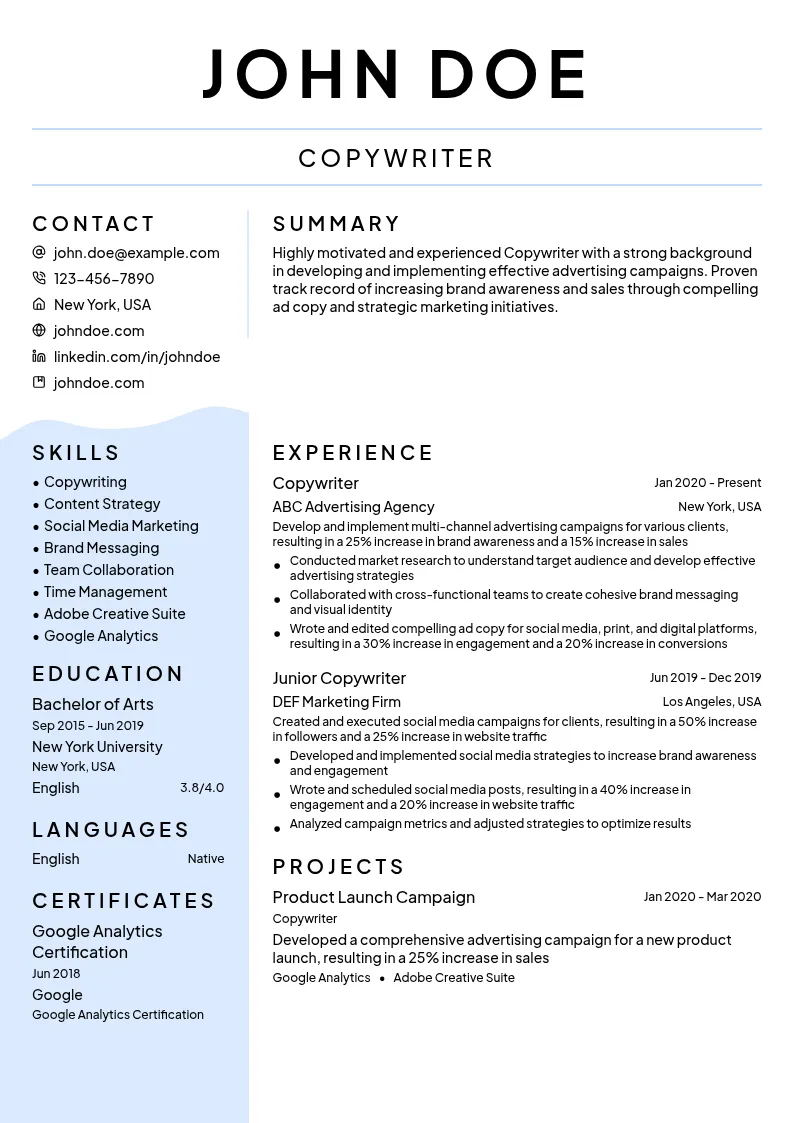 Copywriter (General Advertising) resume example