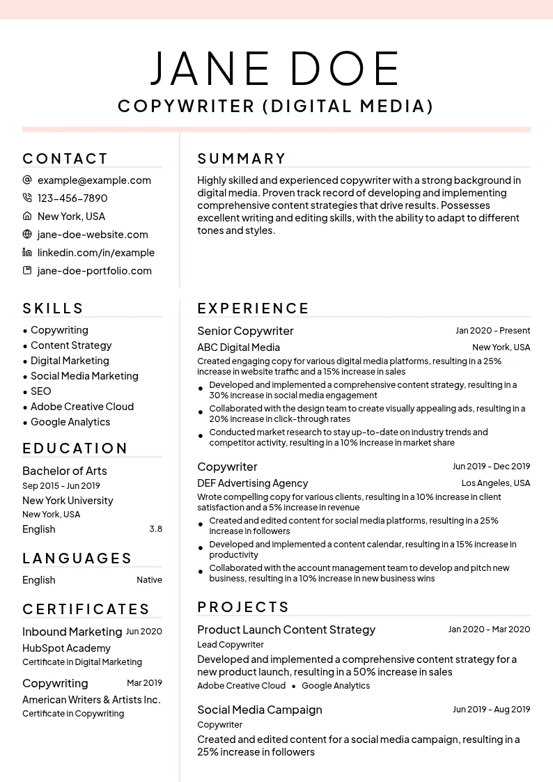 Copywriter (Digital Media) resume example