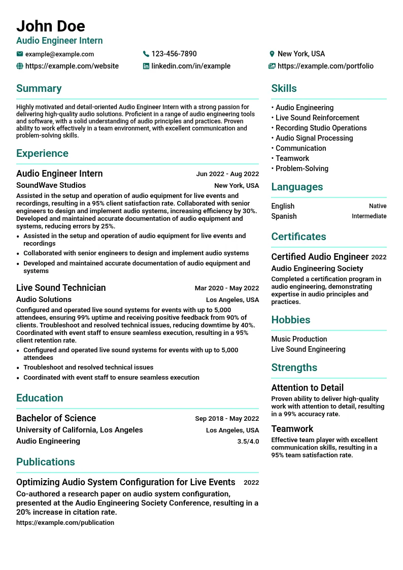 Audio Engineer Intern resume example