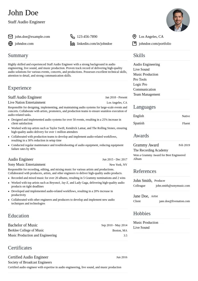 Staff Audio Engineer resume example