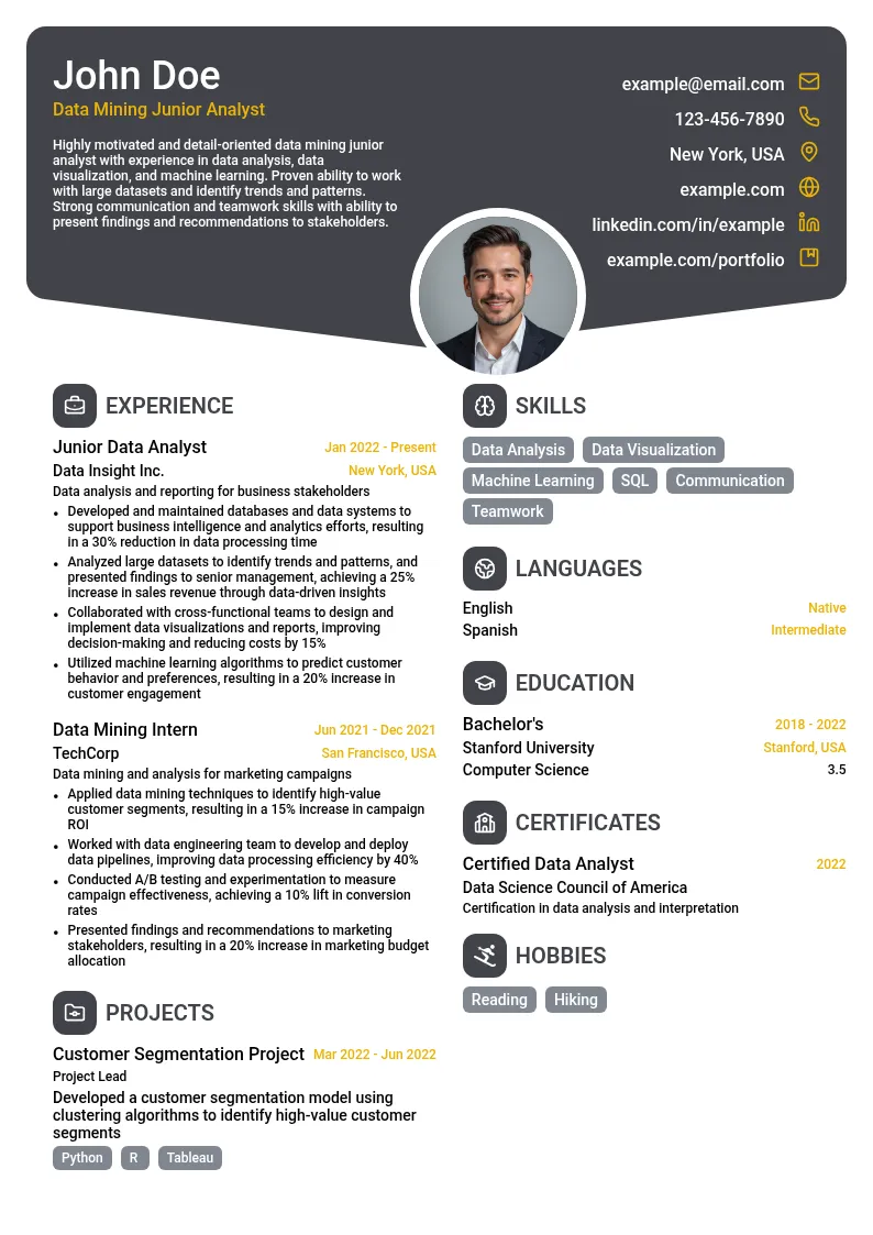 Data Mining Junior Analyst resume example