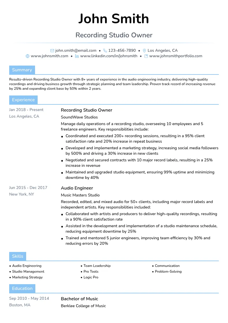 Recording Studio Owner resume example