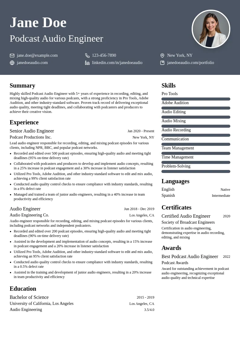 Podcast Audio Engineer resume example