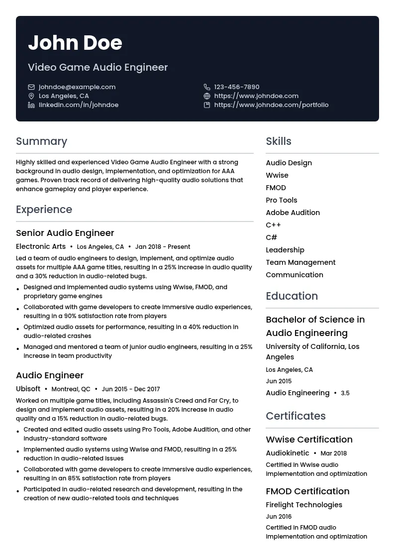 Video Game Audio Engineer resume example