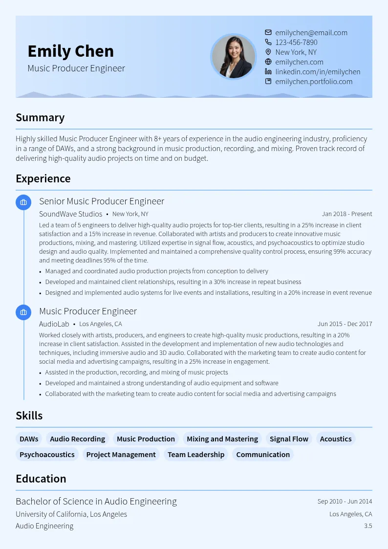 Music Producer Engineer resume example