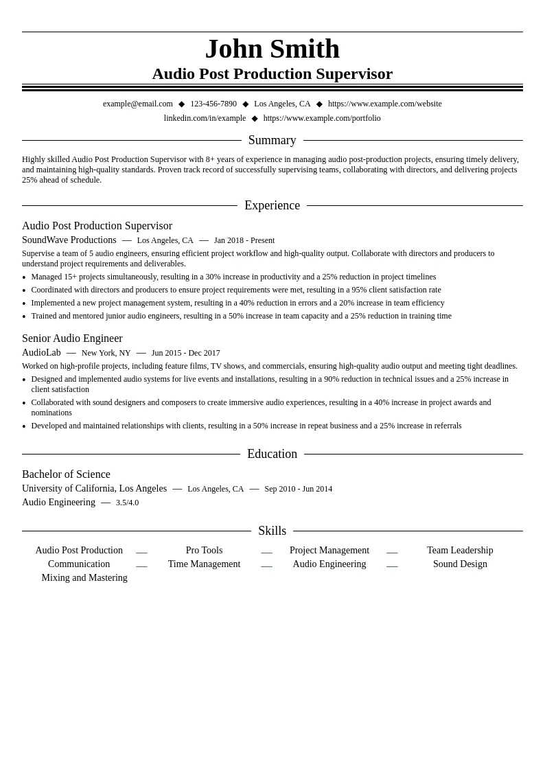 Audio Post Production Supervisor resume example
