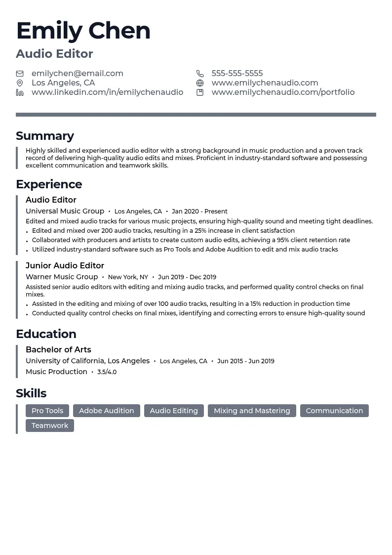 Audio Editor resume example