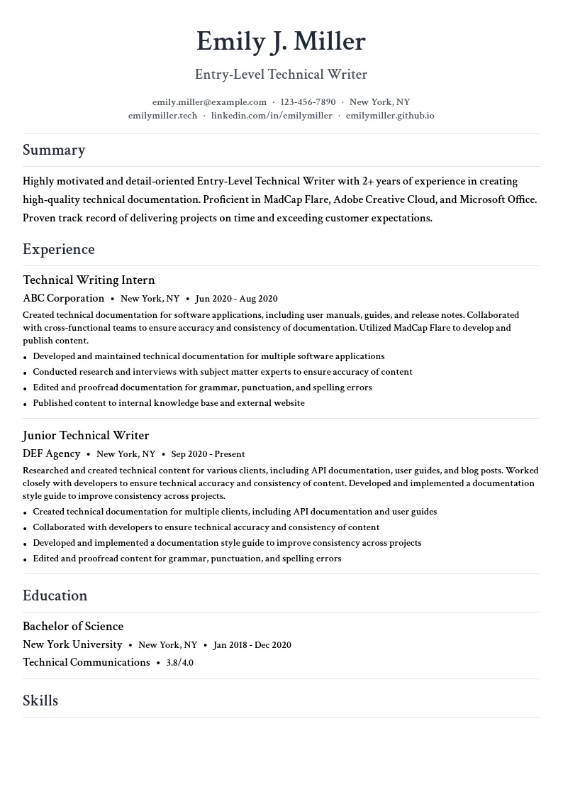 Entry-Level Technical Writer resume example