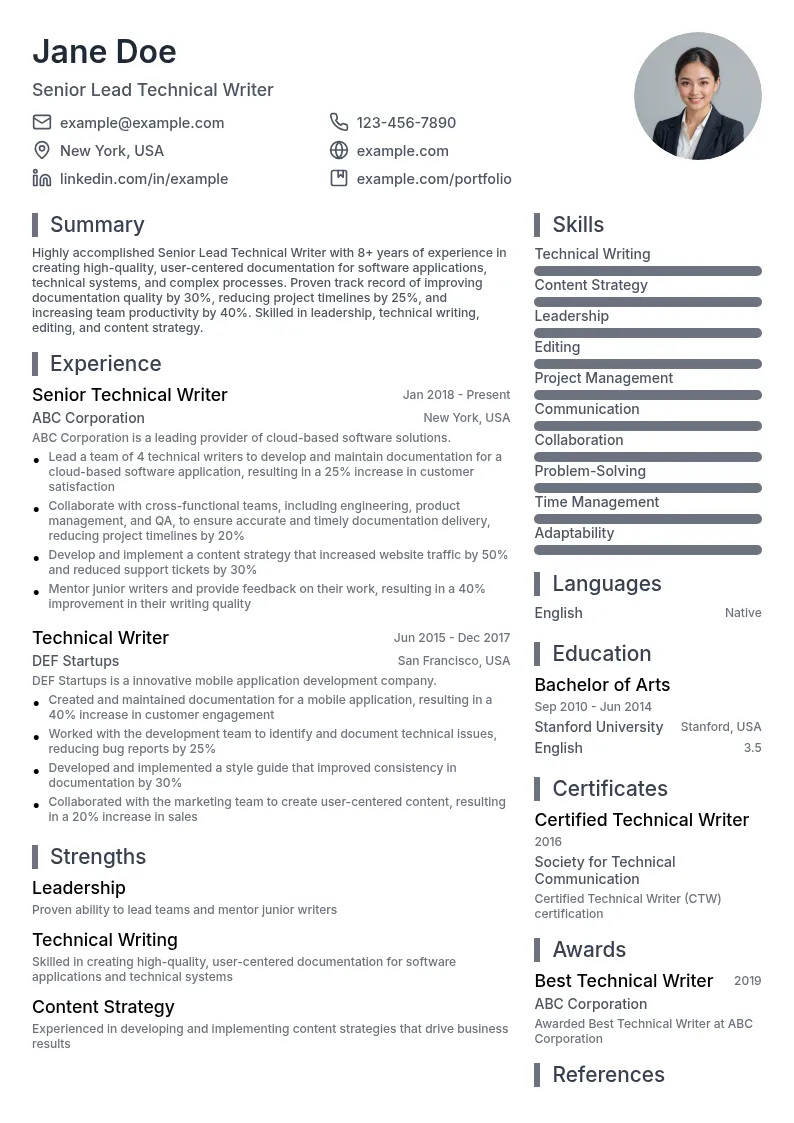 Senior Lead Technical Writer resume example