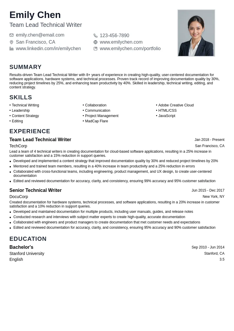 Team Lead Technical Writer resume example